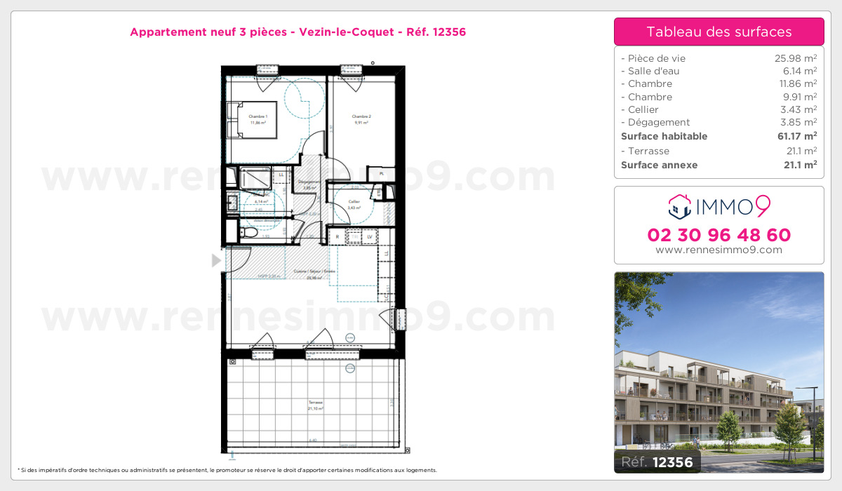 Plan et surfaces, Programme neuf Vezin-le-Coquet Référence n° 12356