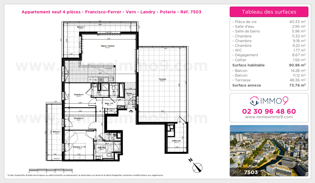 Plan et surfaces, Programme neuf Rennes : Francisco-Ferrer - Vern - Landry - Poterie Référence n° 7503