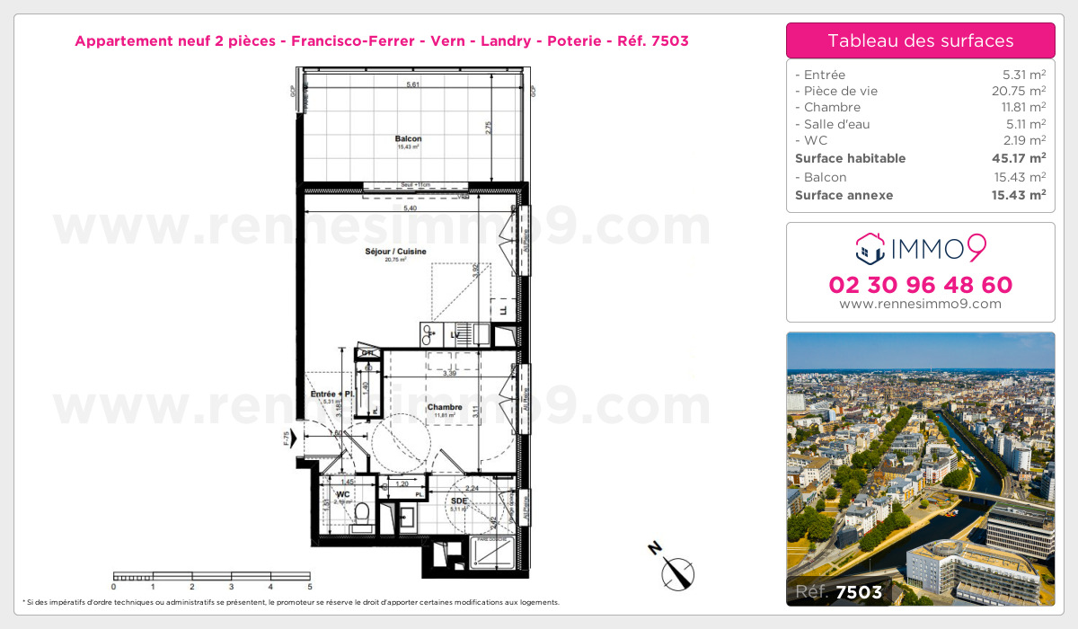 Plan et surfaces, Programme neuf Rennes : Francisco-Ferrer - Vern - Landry - Poterie Référence n° 7503