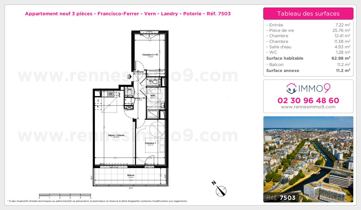Plan et surfaces, Programme neuf Rennes : Francisco-Ferrer - Vern - Landry - Poterie Référence n° 7503