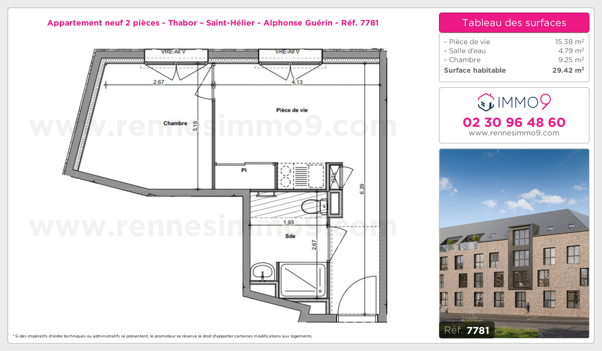 Plan et surfaces, Programme neuf Rennes : Thabor – Saint-Hélier - Alphonse Guérin Référence n° 7781