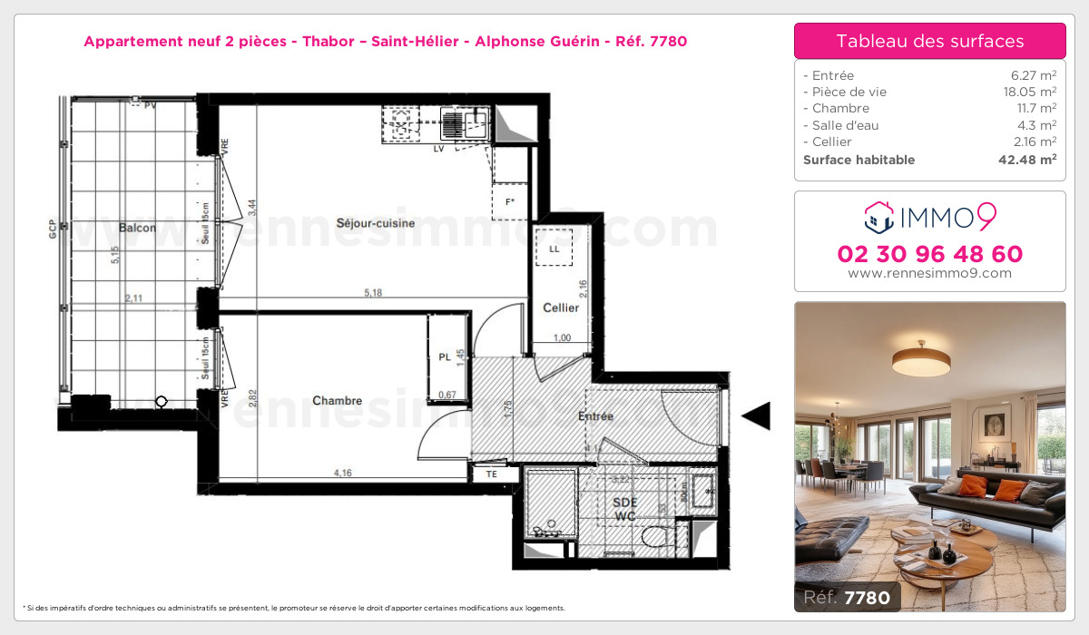 Plan et surfaces, Programme neuf Rennes : Thabor – Saint-Hélier - Alphonse Guérin Référence n° 7780