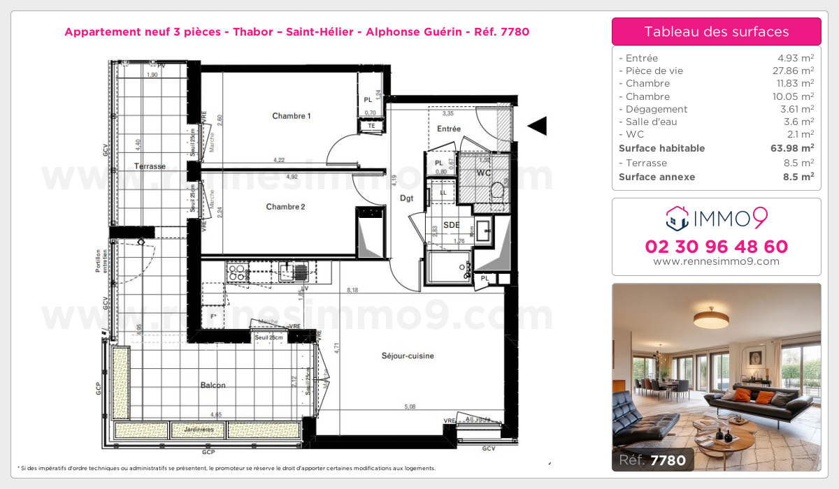 Plan et surfaces, Programme neuf Rennes : Thabor – Saint-Hélier - Alphonse Guérin Référence n° 7780