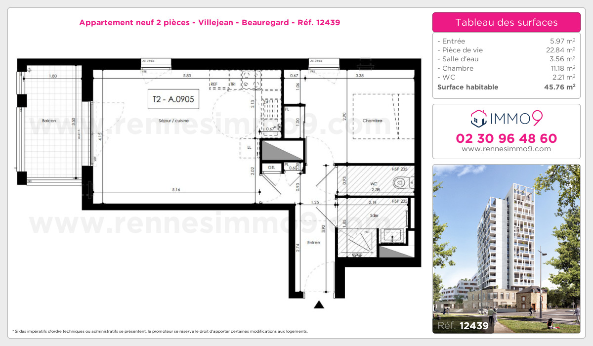 Plan et surfaces, Programme neuf Rennes : Villejean - Beauregard Référence n° 12439